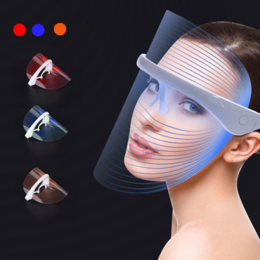 LED facial mask for skin rejuvenation and therapy, featuring red and blue light settings for anti-aging and acne treatment.
