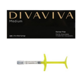 Elegant presentation of Divaviva MEDIUM dermal filler with a sleek, professional aesthetic, showcasing its premium quality and advanced formulation for facial rejuvenation.