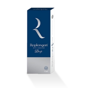 Replengen Deep dermal filler for volumizing mid-dermis areas, smoothing facial lines, and reducing neck folds, available in a 1.1mL syringe.